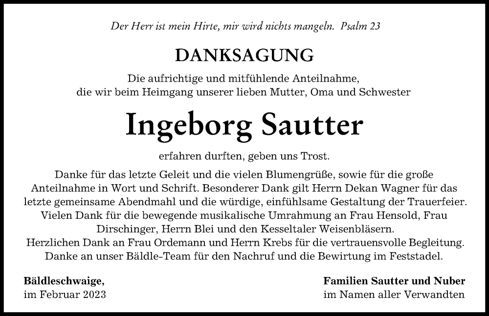 Traueranzeigen Von Ingeborg Sautter Augsburger Allgemeine Zeitung