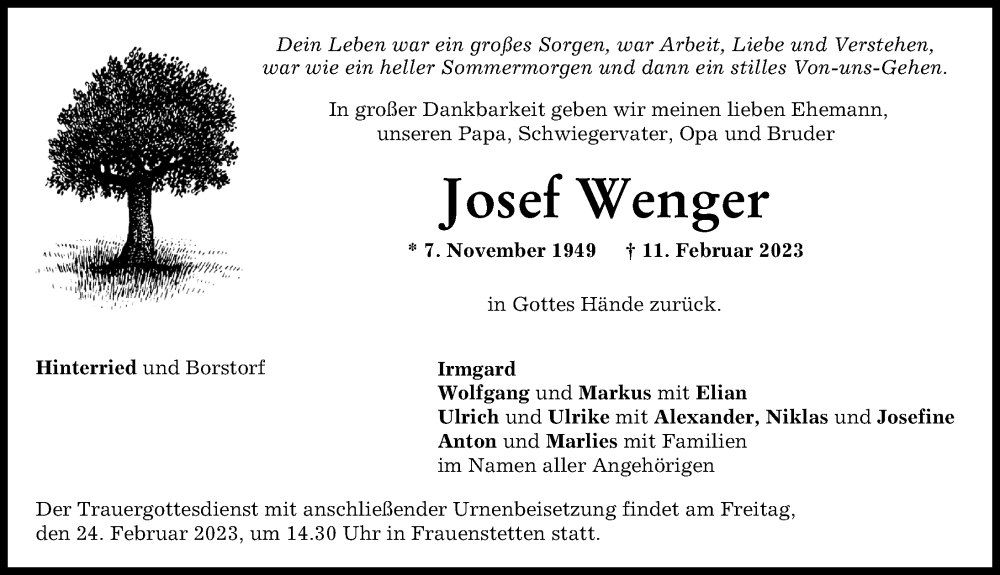 Traueranzeigen Von Josef Wenger Augsburger Allgemeine Zeitung