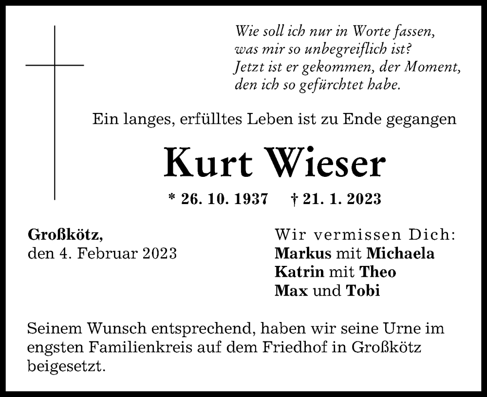 Traueranzeigen Von Kurt Wieser Augsburger Allgemeine Zeitung