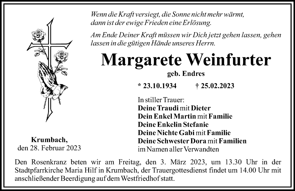 Traueranzeigen Von Margarete Weinfurter Augsburger Allgemeine Zeitung