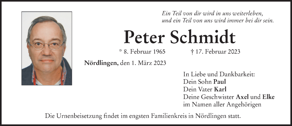 Traueranzeigen Von Peter Schmidt Augsburger Allgemeine Zeitung