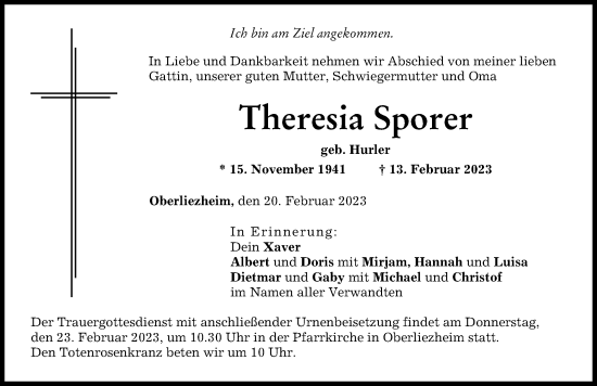 Traueranzeigen Von Theresia Sporer Augsburger Allgemeine Zeitung