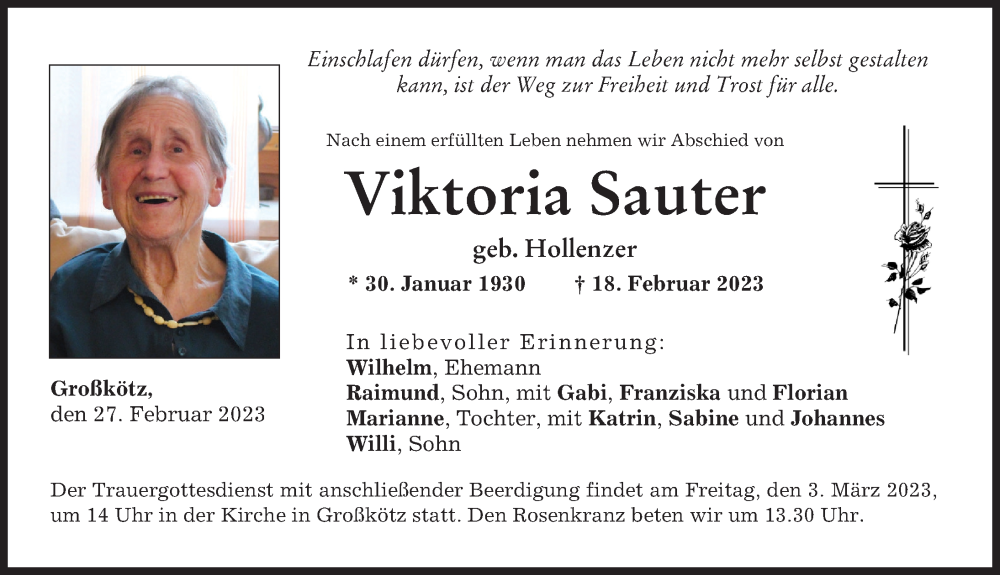 Traueranzeigen Von Viktoria Sauter Augsburger Allgemeine Zeitung