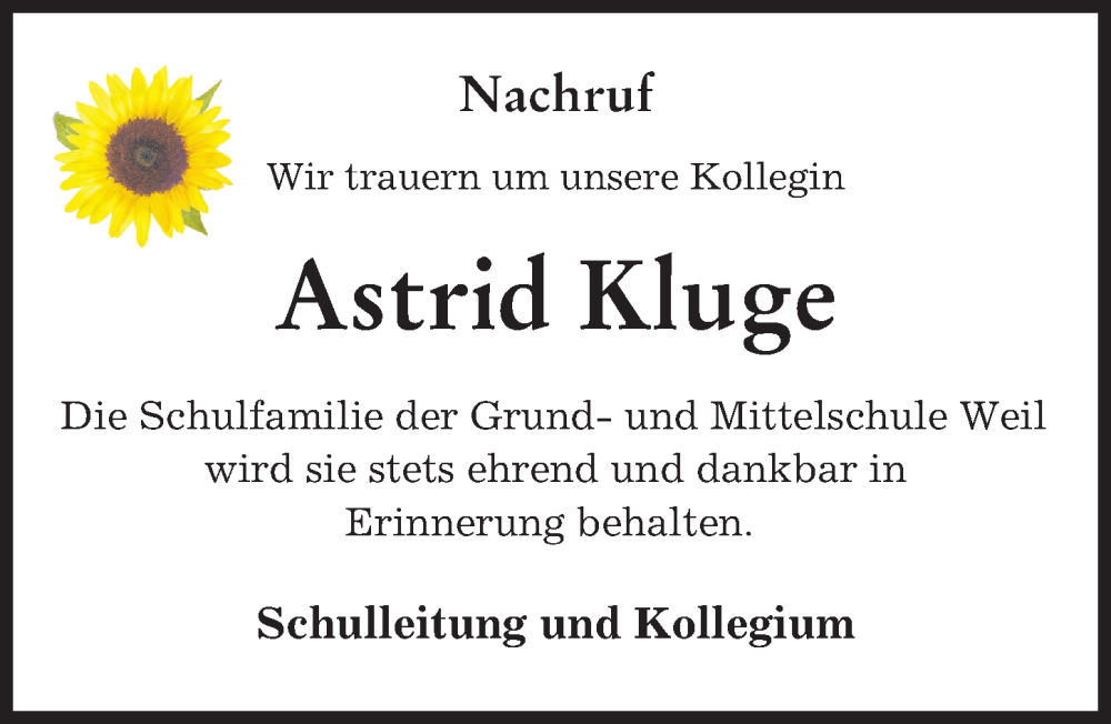 Traueranzeigen Von Astrid Kluge Augsburger Allgemeine Zeitung