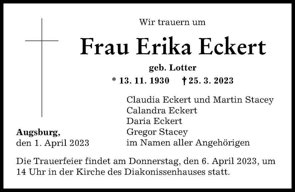 Traueranzeigen Von Erika Eckert Augsburger Allgemeine Zeitung