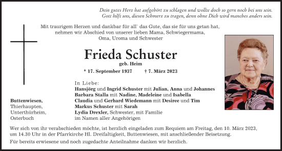 Traueranzeigen Von Frieda Schuster Augsburger Allgemeine Zeitung