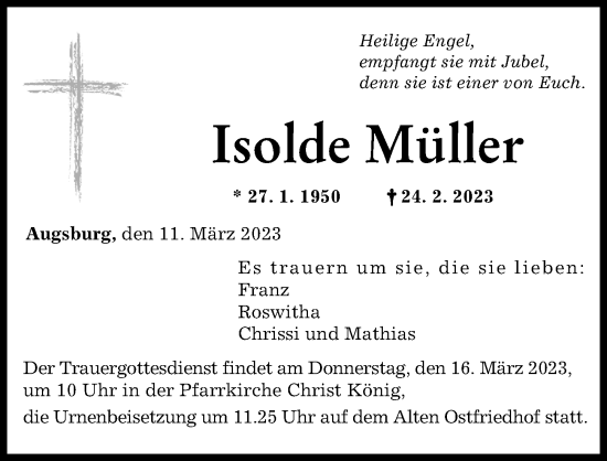 Traueranzeigen Von Isolde M Ller Augsburger Allgemeine Zeitung