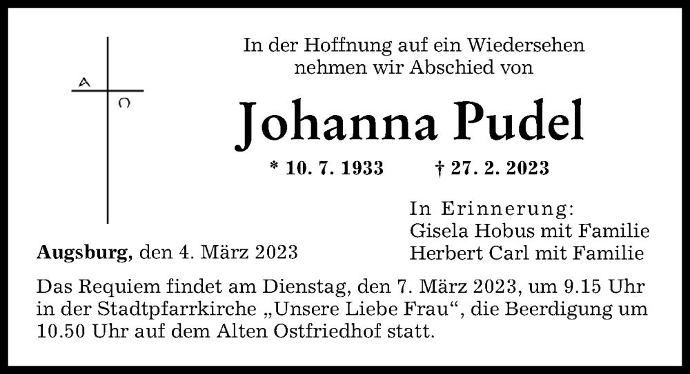 Traueranzeigen Von Johanna Pudel Augsburger Allgemeine Zeitung