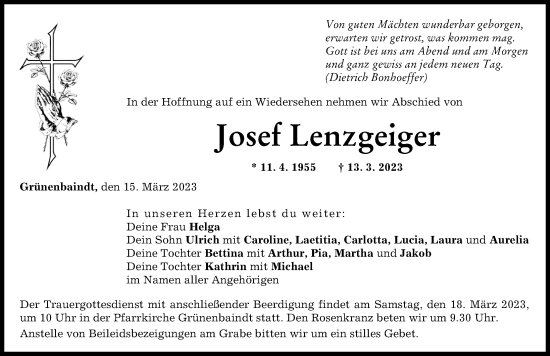 Traueranzeigen Von Josef Lenzgeiger Augsburger Allgemeine Zeitung