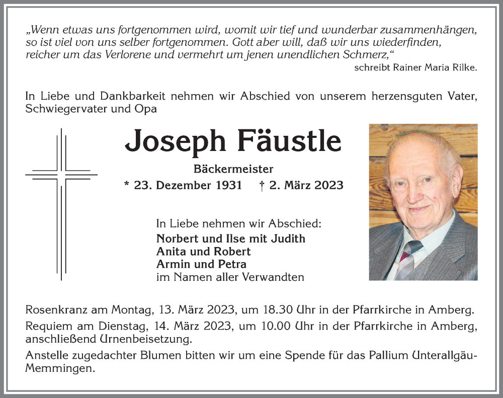 Traueranzeigen Von Joseph F Ustle Augsburger Allgemeine Zeitung