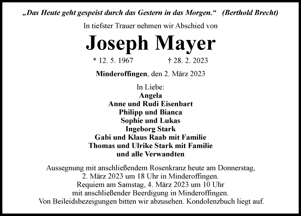 Traueranzeigen Von Joseph Mayer Augsburger Allgemeine Zeitung