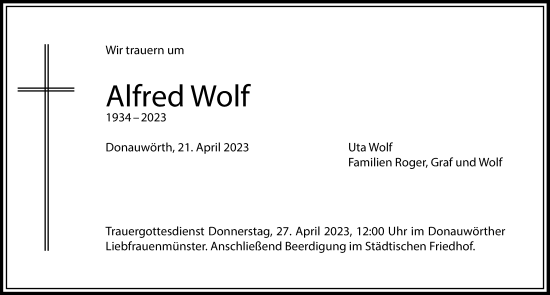 Traueranzeigen Von Alfred Wolf Augsburger Allgemeine Zeitung