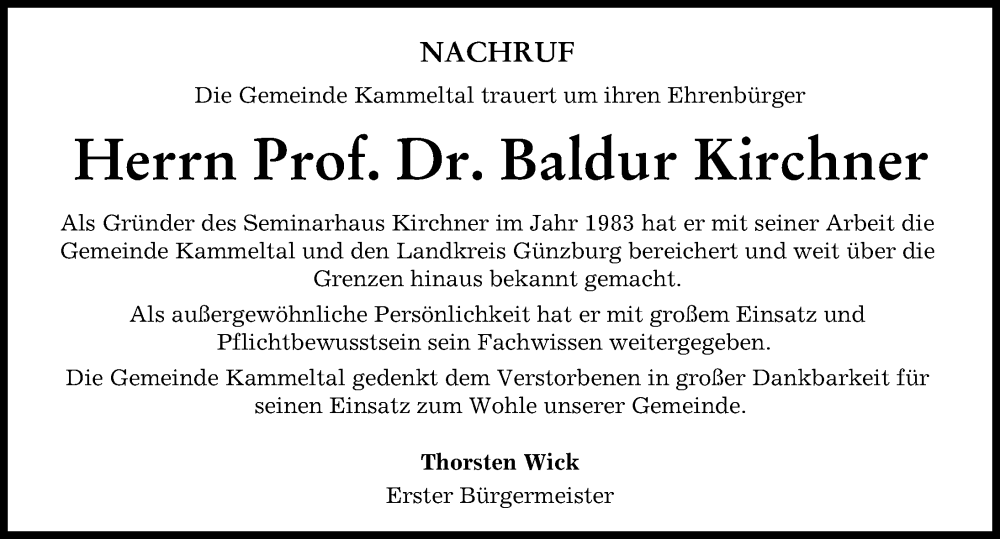 Traueranzeigen Von Baldur Kirchner Augsburger Allgemeine Zeitung