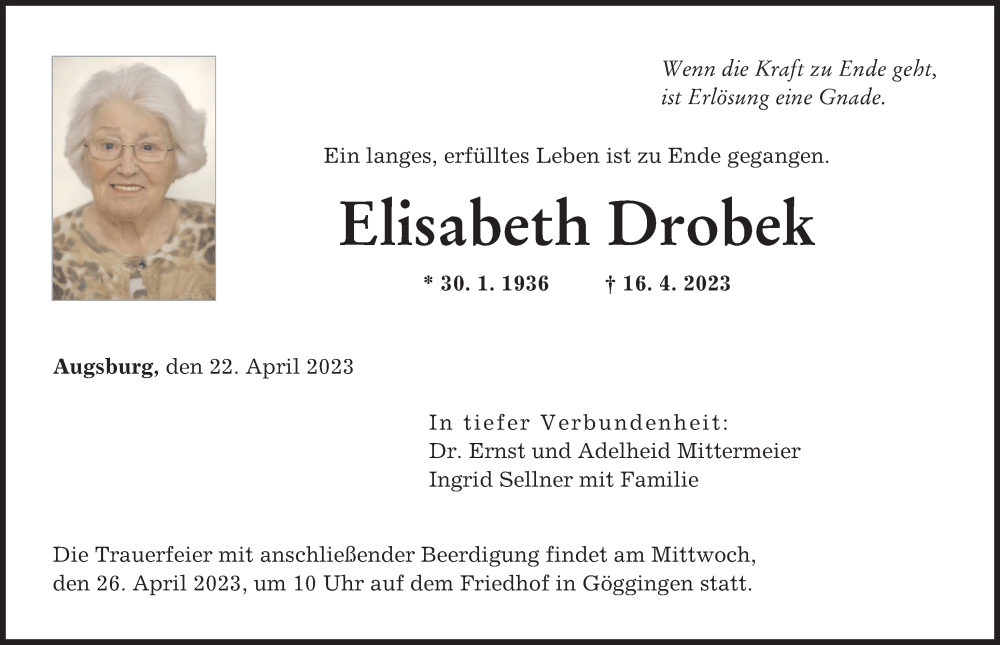 Traueranzeigen Von Elisabeth Drobek Augsburger Allgemeine Zeitung