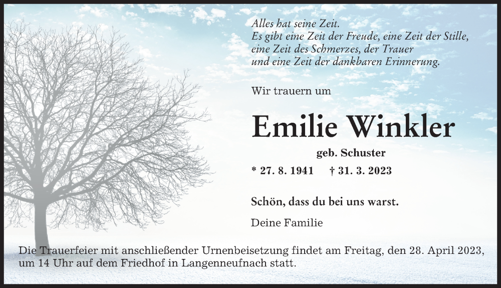 Traueranzeigen Von Emilie Winkler Augsburger Allgemeine Zeitung