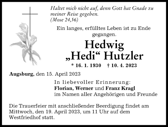 Traueranzeigen Von Hedwig Hutzler Augsburger Allgemeine Zeitung