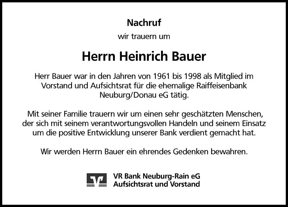 Traueranzeigen Von Heinrich Bauer Augsburger Allgemeine Zeitung