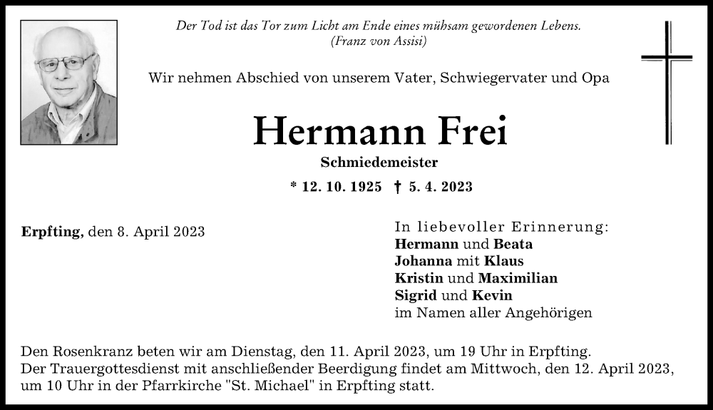 Traueranzeigen Von Hermann Frei Augsburger Allgemeine Zeitung