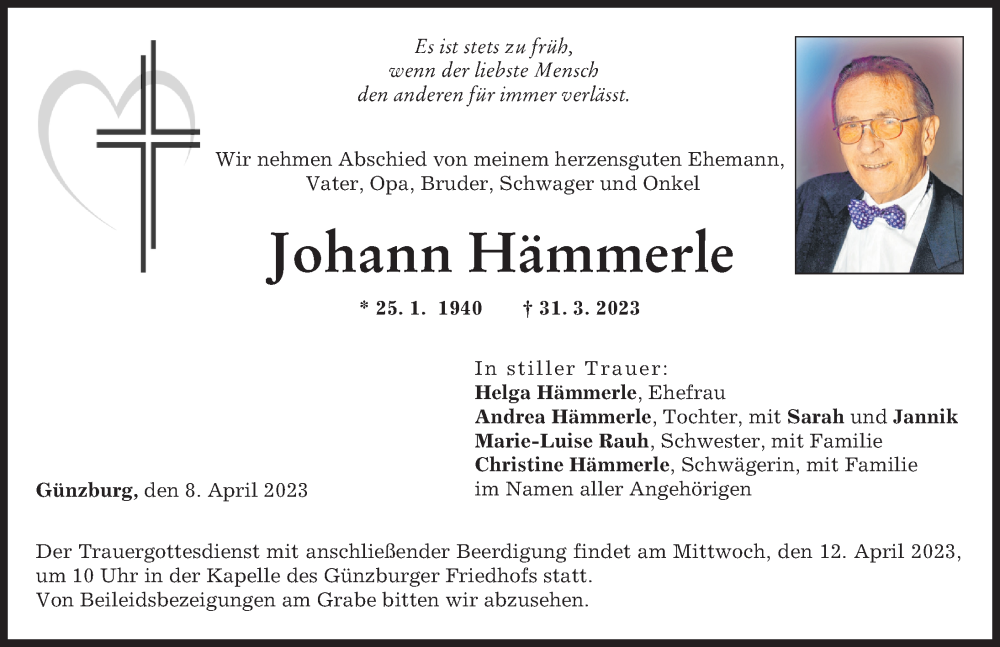 Traueranzeigen von Johann Hämmerle Augsburger Allgemeine Zeitung