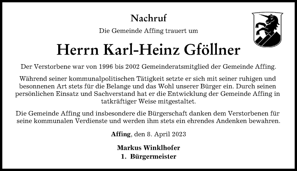 Traueranzeigen Von Karl Heinz Gf Llner Augsburger Allgemeine Zeitung