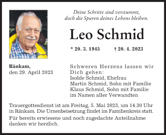 Traueranzeigen Von Leo Schmid Augsburger Allgemeine Zeitung