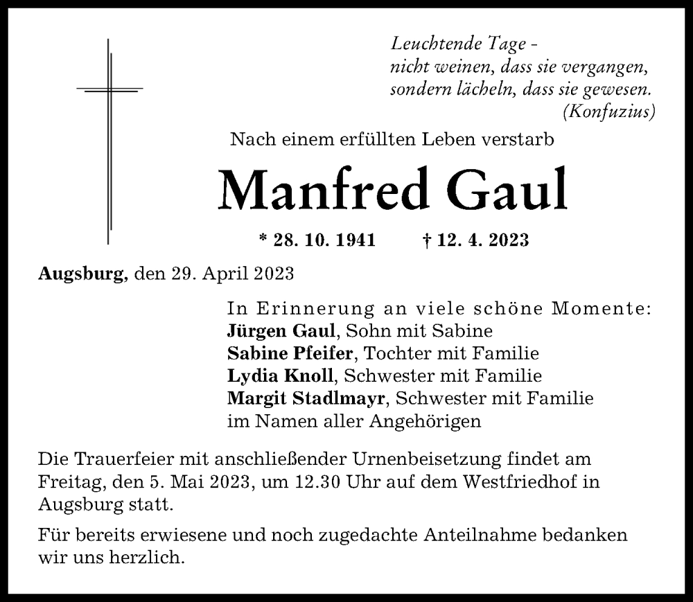 Traueranzeigen Von Manfred Gaul Augsburger Allgemeine Zeitung