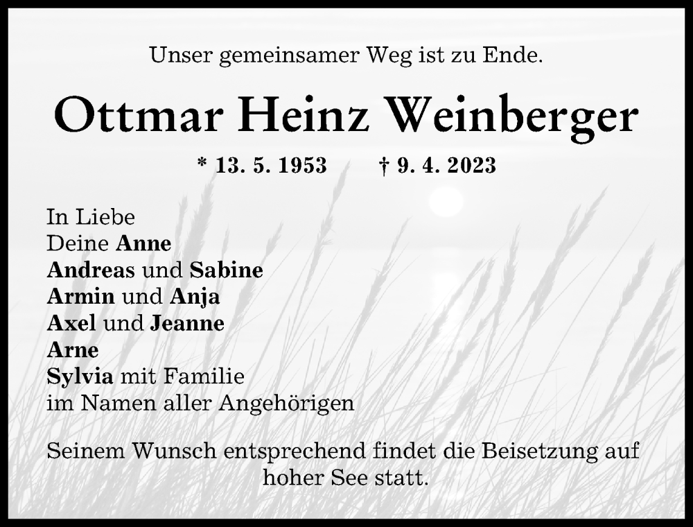 Traueranzeigen Von Ottmar Heinz Weinberger Augsburger Allgemeine Zeitung