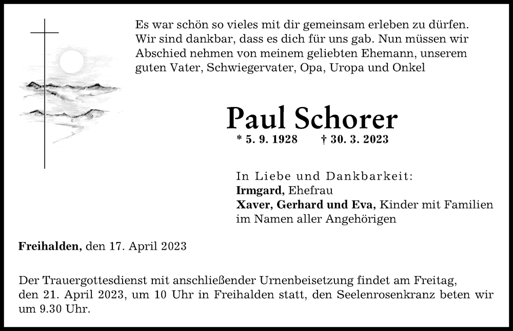 Traueranzeigen Von Paul Schorer Augsburger Allgemeine Zeitung