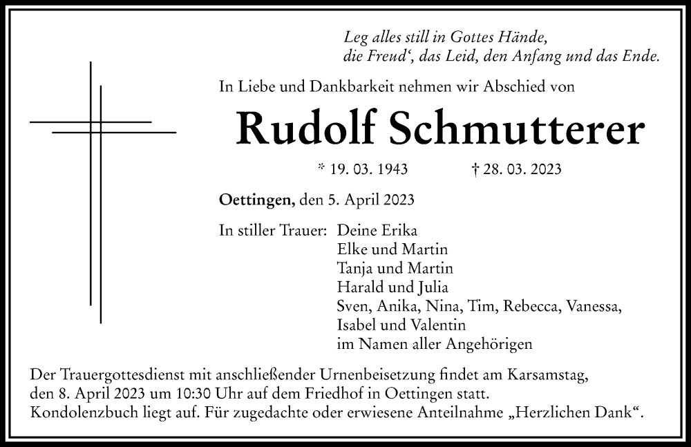 Traueranzeigen Von Rudolf Schmutterer Augsburger Allgemeine Zeitung