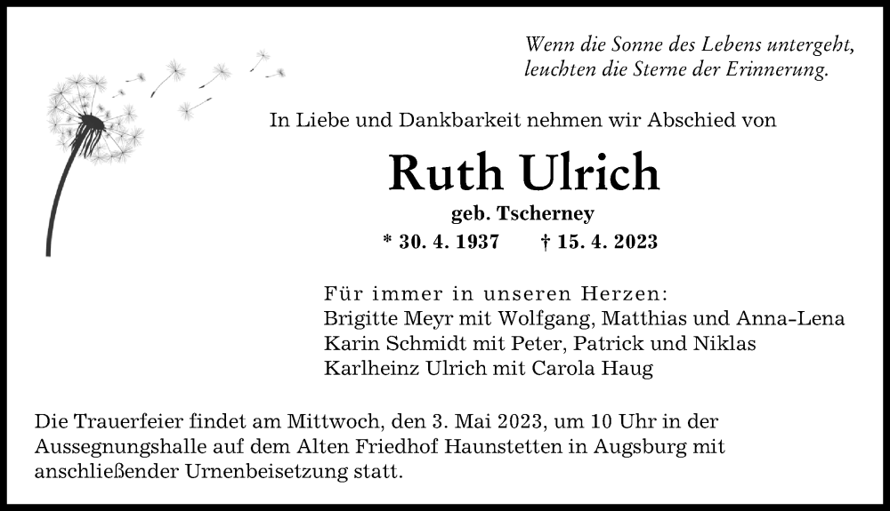 Traueranzeigen Von Ruth Ulrich Augsburger Allgemeine Zeitung