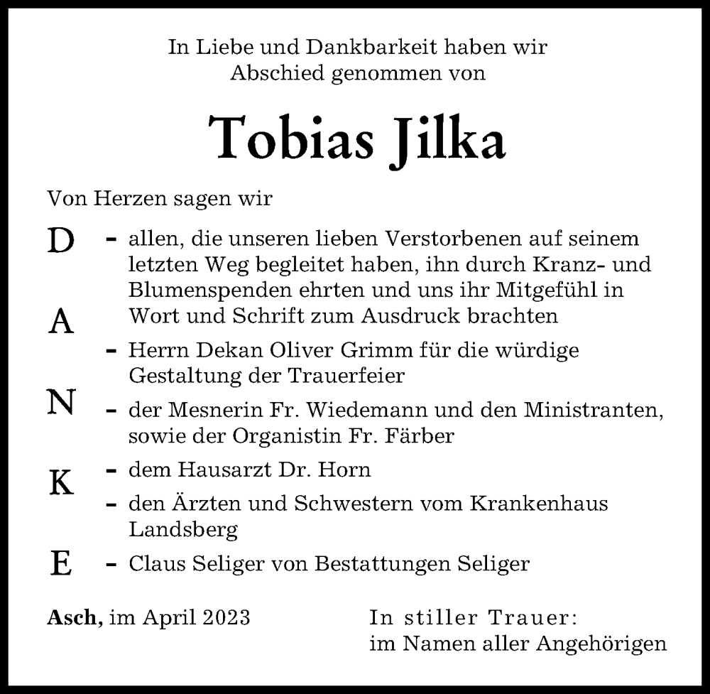 Traueranzeigen Von Tobias Jilka Augsburger Allgemeine Zeitung