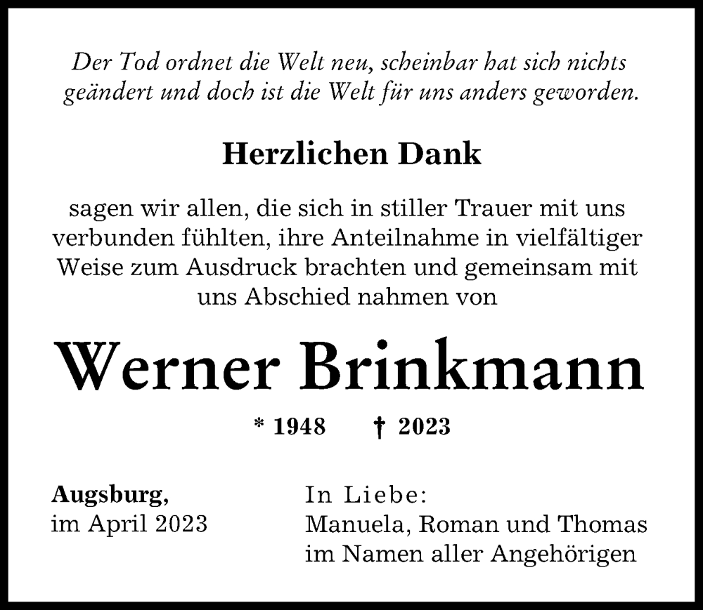 Traueranzeigen Von Werner Brinkmann Augsburger Allgemeine Zeitung