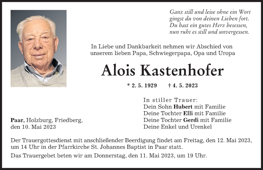 Traueranzeigen Von Alois Kastenhofer Augsburger Allgemeine Zeitung