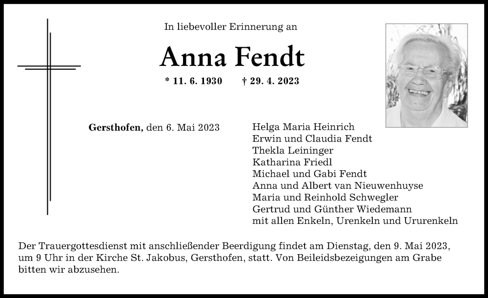 Traueranzeigen Von Anna Fendt Augsburger Allgemeine Zeitung