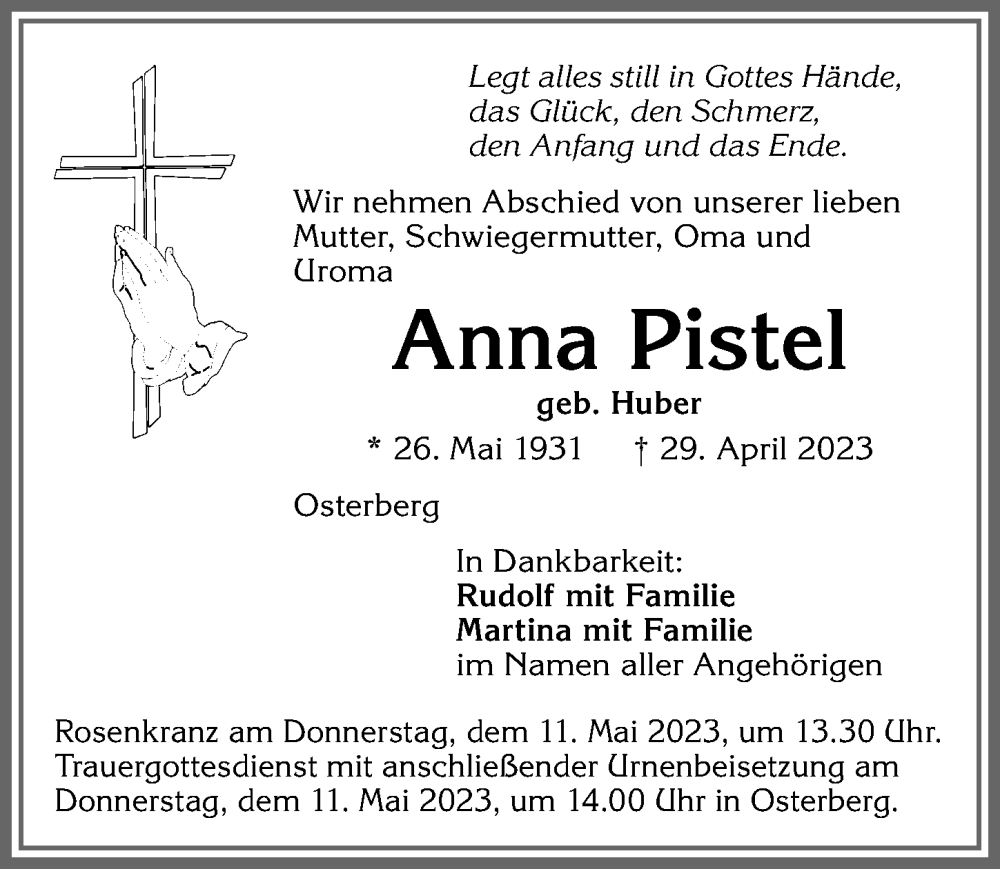 Traueranzeigen Von Anna Pistel Augsburger Allgemeine Zeitung