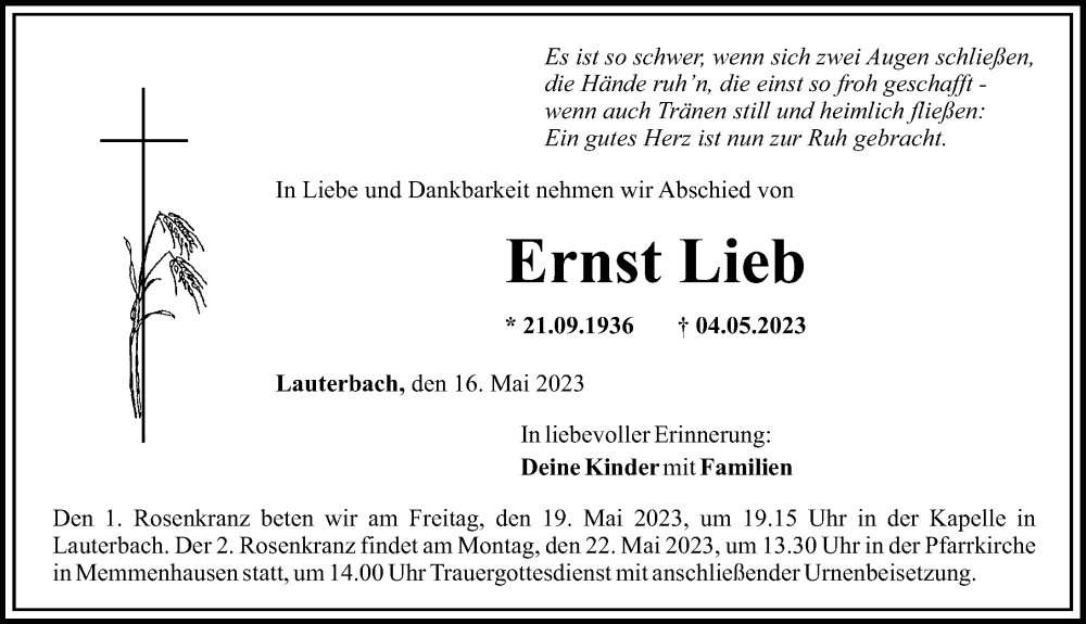 Traueranzeigen Von Ernst Lieb Augsburger Allgemeine Zeitung