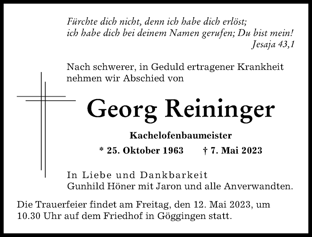 Traueranzeigen Von Georg Reininger Augsburger Allgemeine Zeitung