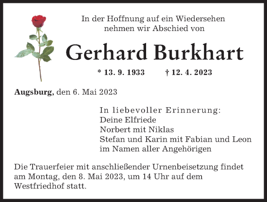 Traueranzeigen Von Gerhard Burkhart Augsburger Allgemeine Zeitung