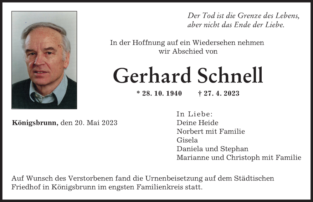 Traueranzeigen Von Gerhard Schnell Augsburger Allgemeine Zeitung