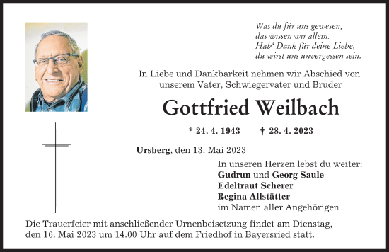 Traueranzeigen Von Gottfried Weilbach Augsburger Allgemeine Zeitung