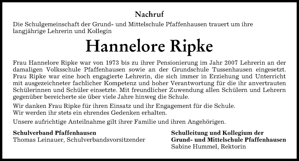 Traueranzeigen Von Hannelore Ripke Augsburger Allgemeine Zeitung