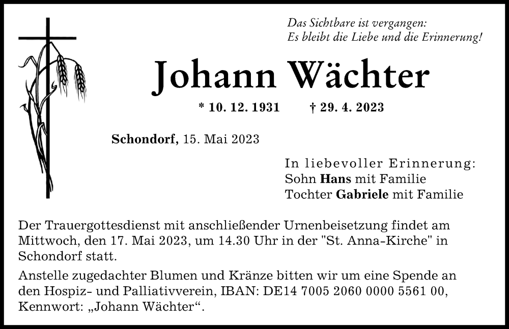 Traueranzeigen von Johann Wächter Augsburger Allgemeine Zeitung