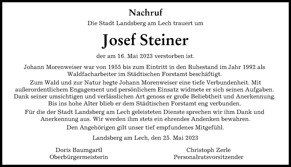 Traueranzeigen Von Josef Steiner Augsburger Allgemeine Zeitung