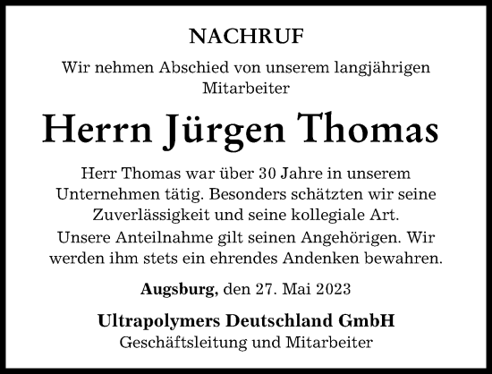 Traueranzeigen Von J Rgen Thomas Augsburger Allgemeine Zeitung