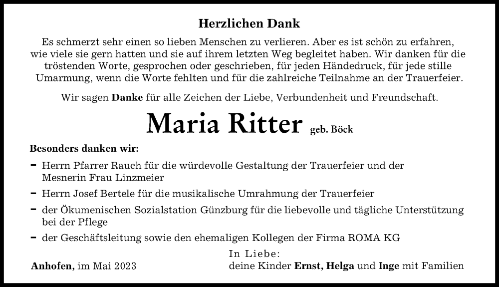 Traueranzeigen Von Maria Ritter Augsburger Allgemeine Zeitung