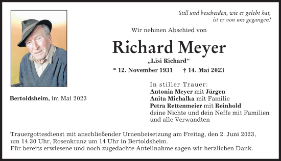 Traueranzeigen Von Richard Meyer Augsburger Allgemeine Zeitung