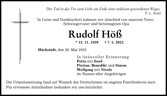 Traueranzeigen von Rudolf Höß Augsburger Allgemeine Zeitung