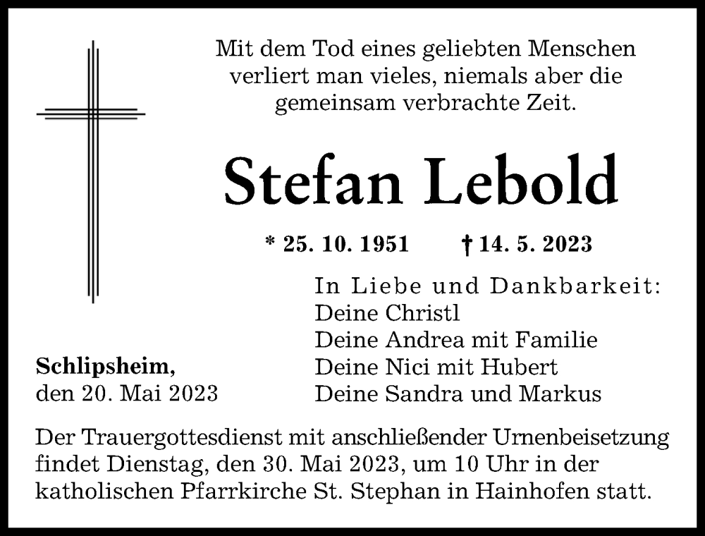 Traueranzeigen Von Stefan Lebold Augsburger Allgemeine Zeitung