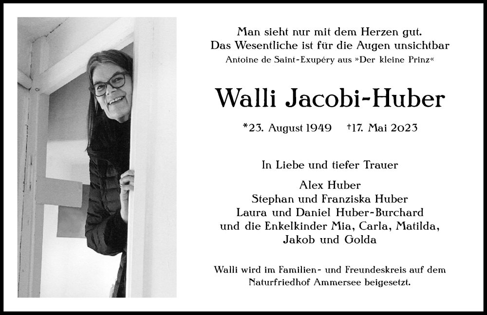 Traueranzeigen Von Walli Jacobi Huber Augsburger Allgemeine Zeitung