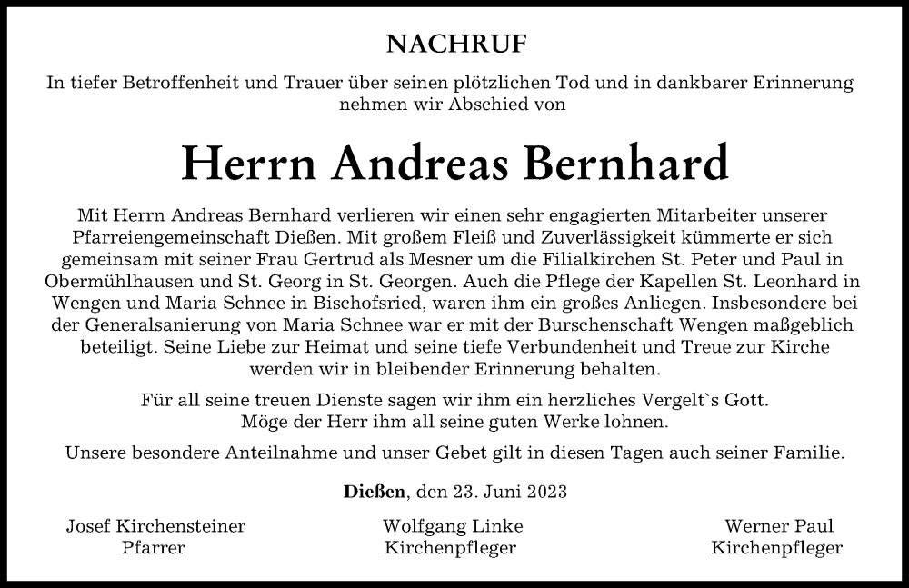 Traueranzeigen Von Andreas Bernhard Augsburger Allgemeine Zeitung